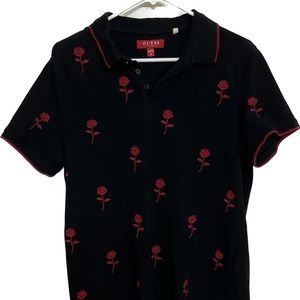 Guess men’s roses floral embroidered polo collared shirt size medium